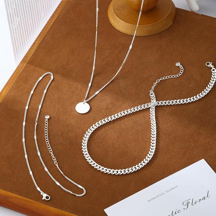 Layered Gold Silver Necklaces for Women, Stackable Stack 14K Real Gold Plated Silver Chain Necklace Diamond Circle CZ Layering Pendant Necklaces Trendy Gold Jewelry Set Gifts