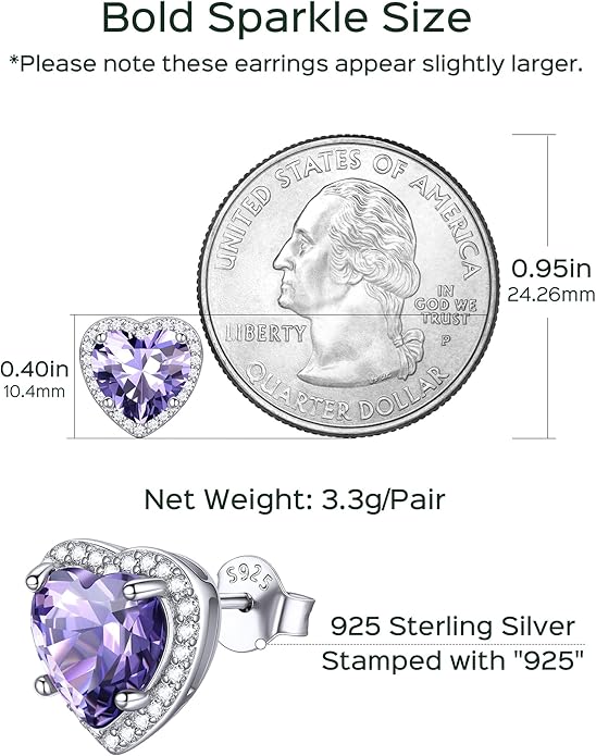 ChicSilver 925 Sterling Silver Birthstone Earrings for Women, 8MM/2 Carat Heart & Round Cubic Zirconia Stud Earrings, Hypoallergenic Jewelry, Ideal Birthday or Christmas Gifts
