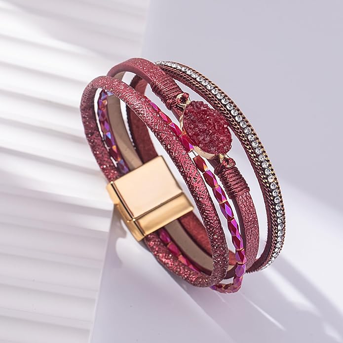 FANCY SHINY Leather Wrap Bracelet Boho Cuff Bangle Bracelets Crystal Bead Bracelet with Magnetic Clasp Jewelry Gifts for Women