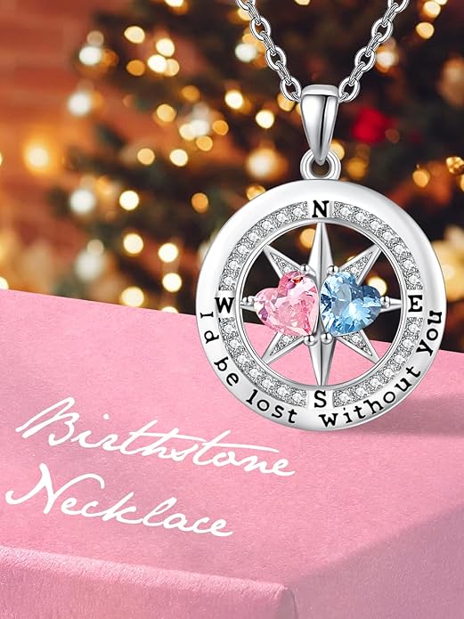 Compass Birthstones Necklace for Women, Exquisite Anniversary Birthday Gifts for Wife Her Double Birthstone Pendant jewelry ‘I'd be Lost Without You’