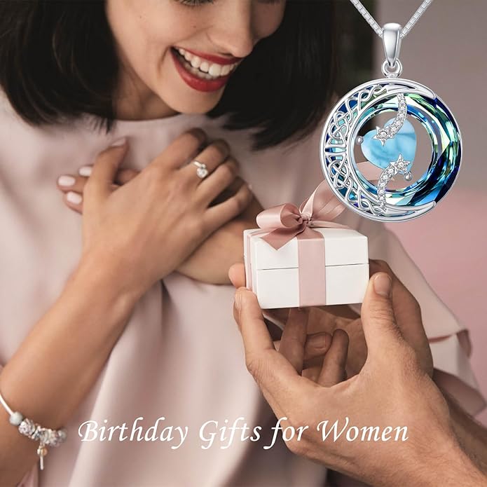 TOUPOP Christmas Gifts Birthstone Necklace 925 Sterling Silver Moon and Star Pendant with Blue Crystal Celtic Moon Jewelry Birthday Gifts for Women Mom Wife Her Daughter