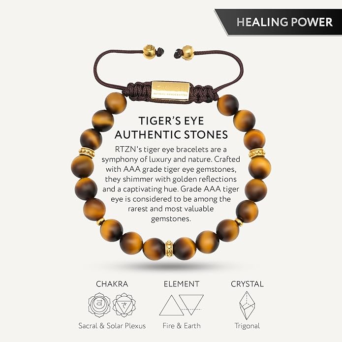 RTZN® Tigers Eye Bracelet for Men – Premium Artisan Handcrafted Golden Brown Tiger Eye Bead Bracelets – Natural Stone Tiger Eye Bracelet Men – Beaded Bracelets for Men