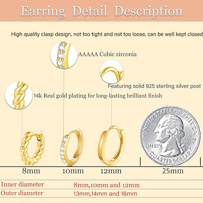 Cocadant 6 Pairs 925 Sterling Silver Small Hoop Earrings for Women,14k Real Gold Hypoallergenic Tiny Cubic Zirconia Cartilage Huggie Earring Sets for Multiple Piercing Trendy Jewelry 8/10/12mm