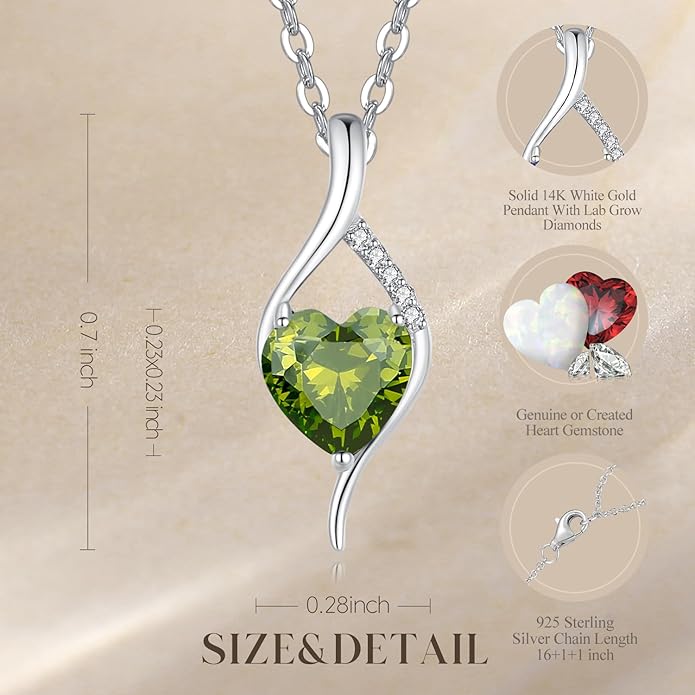 FANCIME 14K Solid White Gold Birthstone Necklace Genuine or Created 6mm Heart Gemstone Pendant with Lab Grow Diamonds Sterling Silver Chain Fine Jewelry Anniversary Birthday Gifts for Women 16" + 2"