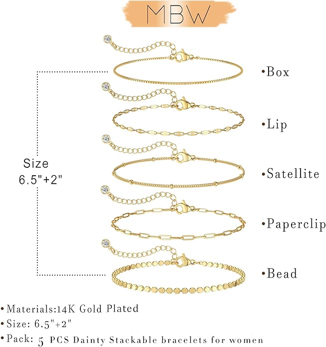 MBW Gold Bracelets for Women Trendy, Dainty 14K Gold Plated Bracelet Stack Beaded Chain Bracelet Set Thin Small Cute Paperclip Bracelets Fashion Waterproof Jewelry Gift Gold Accessories for Women