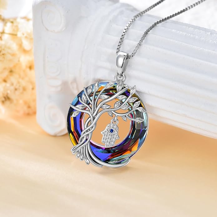 TOUPOP Evil Eye Necklace 925 Sterling Silver Tree of Life Circle Crystal Pendant Necklace Protection Jewelry Amulet Christmas Gifts for Women Her