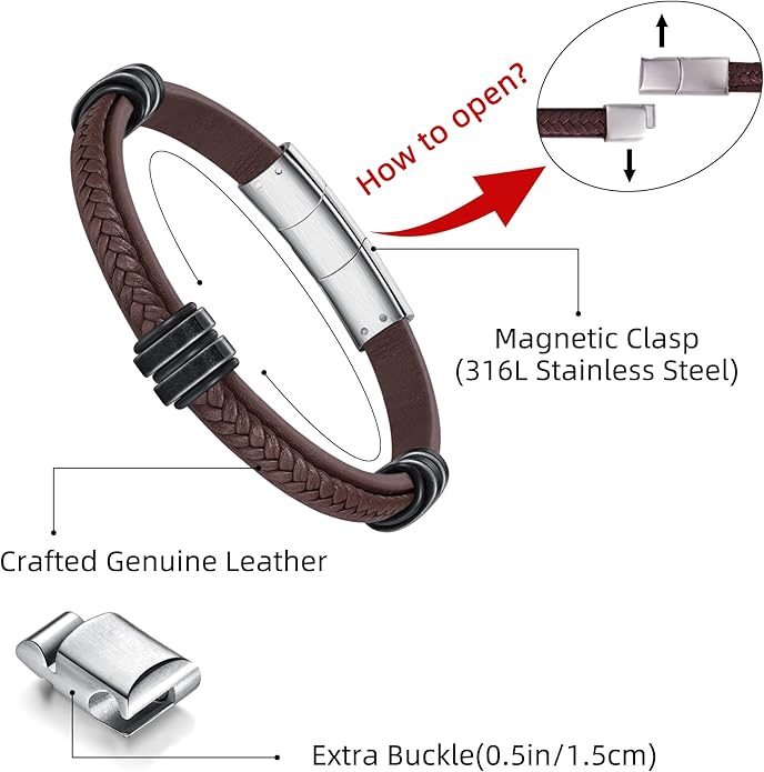 Leather Bracelet for Men with Adjustable Stainless Steel Magnetic Clasp Multi-Layer Braided Mens Leather Bracelet
