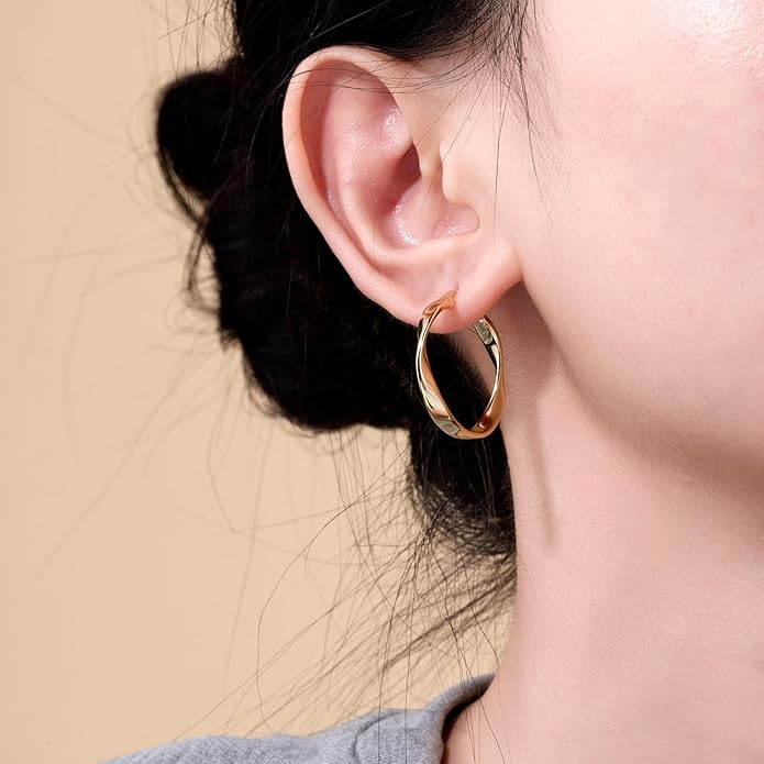 14K Gold Twisted Hoop Earrings for Women Thick Wave Gold Hoops Lightweight Hypoallergenic Elegant Jewelry 25/30MM