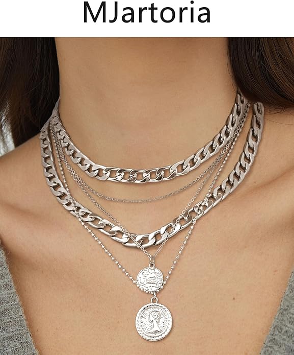 MJartoria Layered Necklaces for Women Trendy Retro Coin Pendant Necklace Dainty Chunky Chain Choker Necklaces for Jewelry Birthday Gifts
