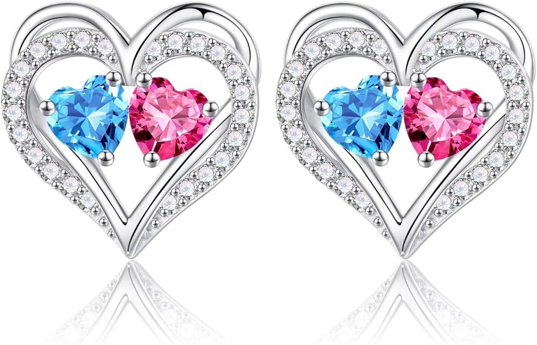 Iefil Birthstone Earrings for Women - 925 Sterling Silver Heart Earrings Anniversary Birthday Gifts for Women Wife Girlfriend Mom
