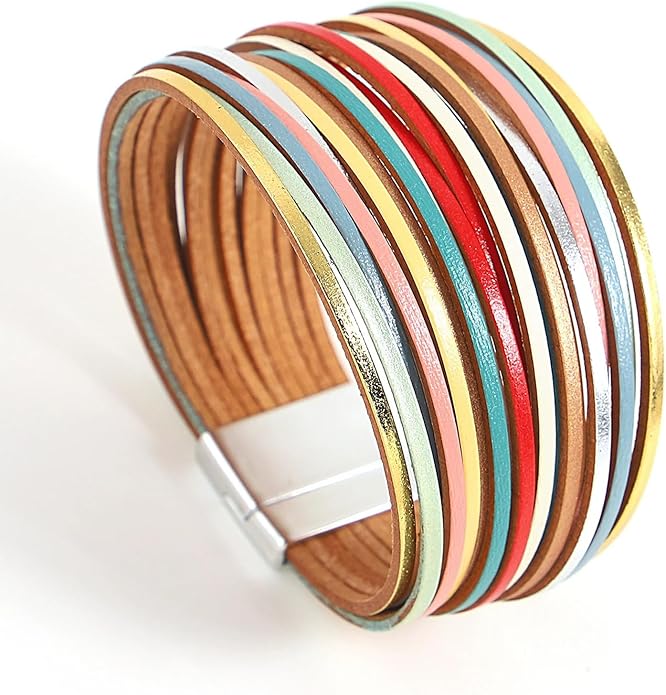 Fesciory Leather Wrap Bracelets for Women, Boho Leopard Multi-Layer Crystal Beads Cuff Bracelet Jewelry