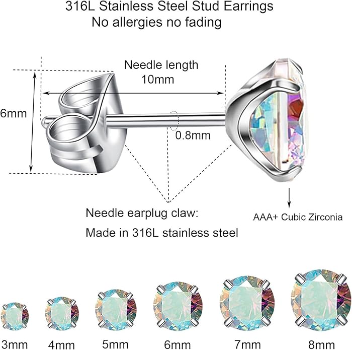 6 Pairs Stud Earrings Set, Hypoallergenic Cubic Zirconia Earrings 316L Stainless Steel CZ Earrings 3-8mm