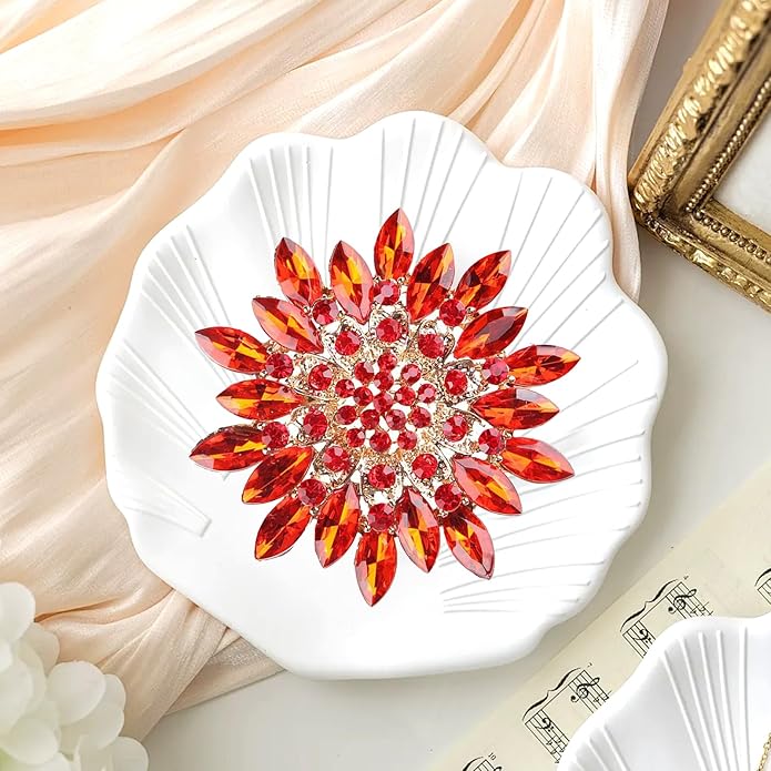 Rhinestone Flower Brooch Pin - Vintage Rose & Sunflower Brooches, Large Crystal Pin for Women, Gold & Pearl Accents, Elegant Christmas Brooch, Fashion Accessories for Hats, Dresses & Bags