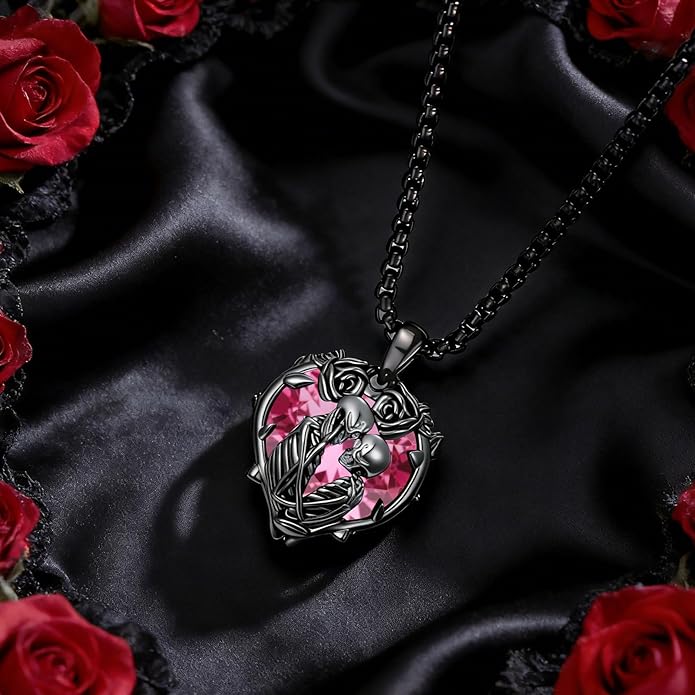 Flpruy 925 Sterling Silver Black Gothic Jewelry Gifts Skeleton Couple Pendant Crystal Birthstone Heart Necklace Punk Romantic Jewelry for Lover Men Women