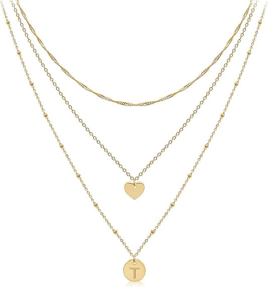 Aisansty Dainty Layered Initial Choker Necklaces Handmade 14K Gold Plated Tiny Heart Personalized Letter Disc Pendant Adjustable Chain Layering Gold Necklaces for Women Gift Jewelry