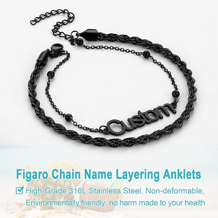U7 Custom Layered Ankle Bracelets for Women Stainless Steel Bead/Cuban/Figaro/Rope/Wheat Chain Anklet Waterproof Anklet Jewelry for Beach Vacation
