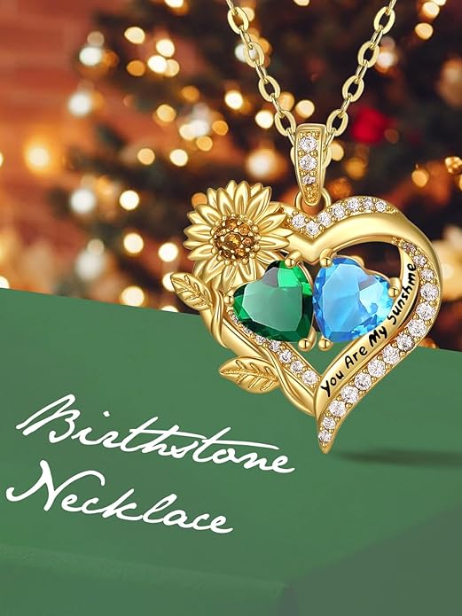 Sunflower Heart Necklace for Women 14K Gold Exquisite Anniversary Birthday Gifts for Wife Mother Her Double Birthstone Pendant jewelry‘You Are My Sunshine’