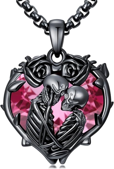 Flpruy 925 Sterling Silver Black Gothic Jewelry Gifts Skeleton Couple Pendant Crystal Birthstone Heart Necklace Punk Romantic Jewelry for Lover Men Women