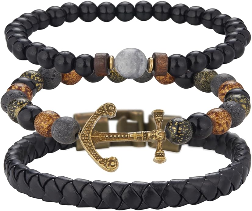 3pc Mens Beaded Bracelets Silver Stainless Steel Chain Bracelet for Men Handmade Braided Bracelet Sets Jewelry Gifts for Men