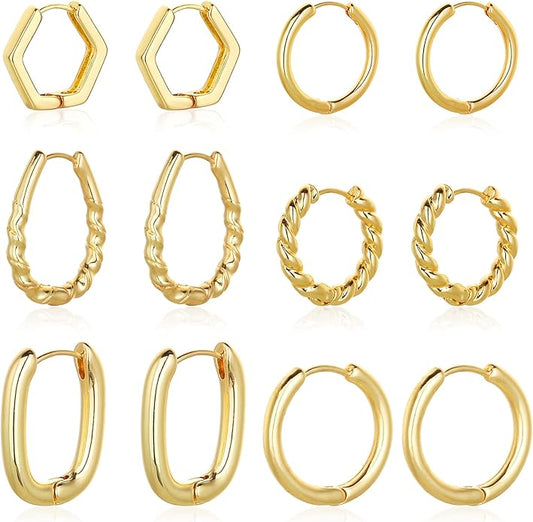 Wgoud Chunky Hoop Earrings Set 14K Gold Plated Hoop Earrings for Women Hypoallergenic, Thick Twisted Huggie Hoops Earring Set