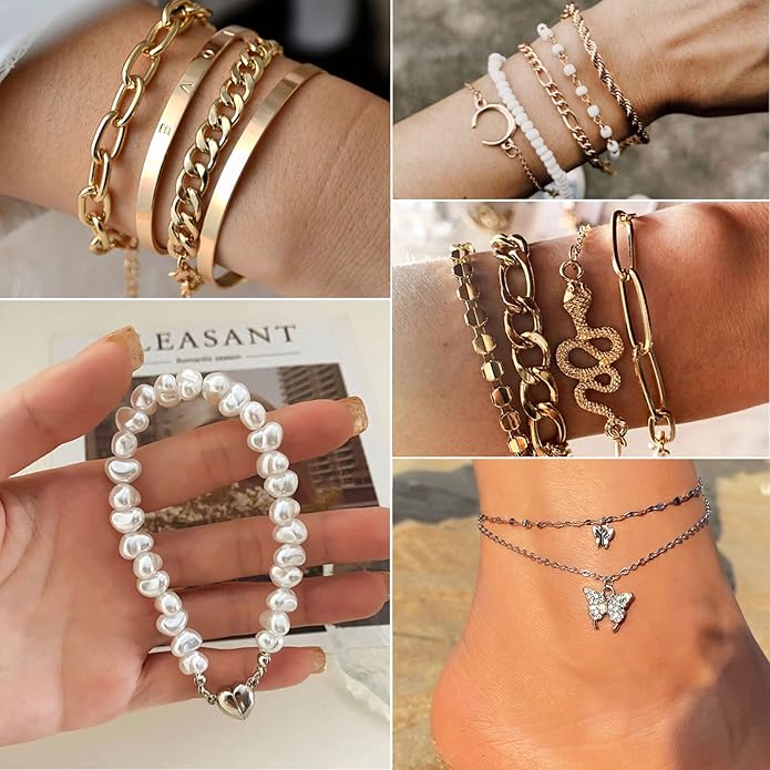 17IF 18-25 PCS(6 Pack) Boho Gold Bracelets Set for Women Stackable Chunky Dainty Bangles Adjustable Chain Flat Cuff Cuban Punk Charm Bundle Jewelry