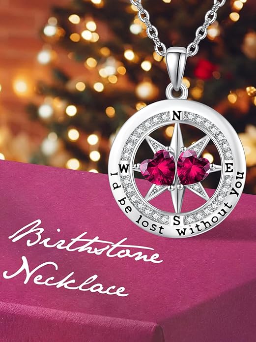 Compass Birthstones Necklace for Women, Exquisite Anniversary Birthday Gifts for Wife Her Double Birthstone Pendant jewelry ‘I'd be Lost Without You’