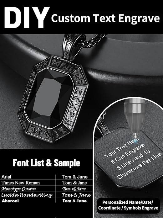 ChainsHouse Viking Rune Pendant Necklace for Men Women, Punk Biker Black Metal/316L Stainless Steel Onyx Norse Vintage Amulet Necklaces with Black/Red/Green/Blue Gemstone, Send Gift Box