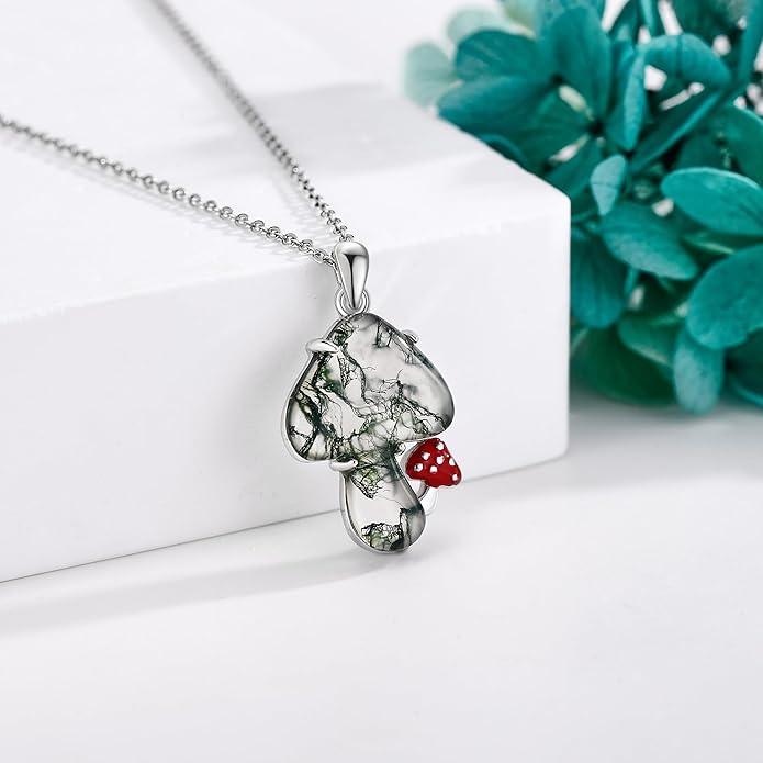 YAFEINI Mushroom Necklace Moonstone/Moss Agate/Malachite/Labradorite/Turquoise/Amber/Larimar/Black Onyx/Lapis Lazuli/Peridot/Opal Sterling Silver Mushroom Pendant Mother's Day Jewelry for Women Mom