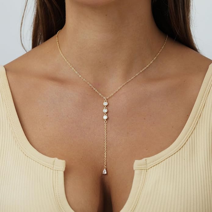 Gold Y Necklace for Women 14K Gold Plated Y-Shaped Drop Necklaces CZ Long Necklace Cubic Zirconia Pendant Layered Long Lariat Necklace Women Jewelry