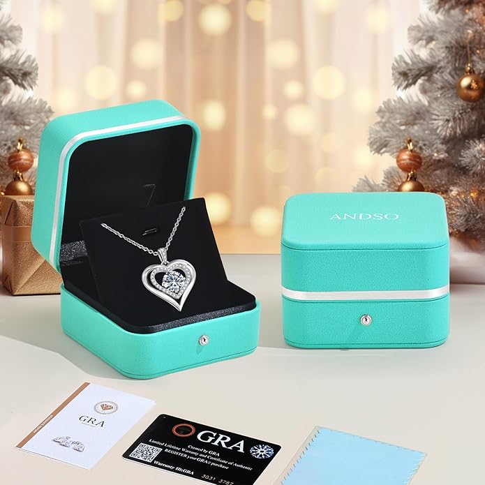 Moissanite Heart Pendant Necklaces for Women, 925 Sterling Silver Necklace Engraved with 'I LOVE YOU', Ideal Anniversary Birthday Christmas Valentine Mothers Day Jewelry Gifts for Mom Wife Girlfriend Daughter Her