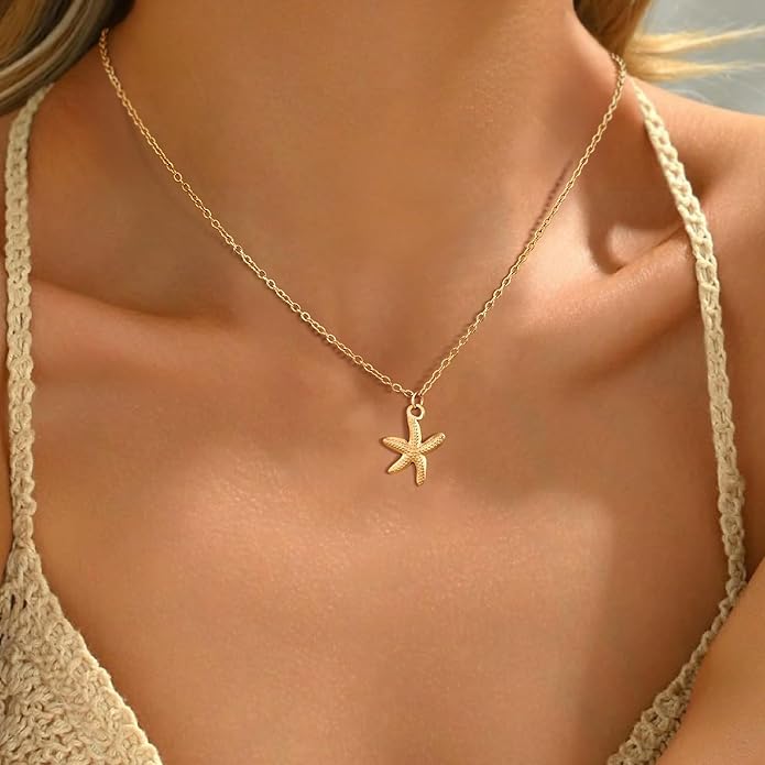 Shell Necklace for Women,14k Gold Plated Layered Starfish Conch SeaShell Pearl Pendant Charm Necklace,Non Tarnish Adjustable Stainless Steel Chain Stack Jewerly for Summer Beach Vacation