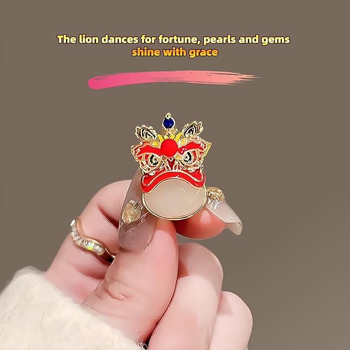 Chinese Lion Dance Brooch, Vintage Enamel Floral & Cat Eye Pearl Adjustable Lapel Pin for Women & Men – Traditional Asian Style Awakening Lion Brooch for Jacket, Blazer, Scarf, Qipao, Wedding, Festival Gift (Gold/Red/Blue)