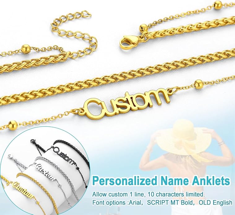 U7 Custom Layered Ankle Bracelets for Women Stainless Steel Bead/Cuban/Figaro/Rope/Wheat Chain Anklet Waterproof Anklet Jewelry for Beach Vacation