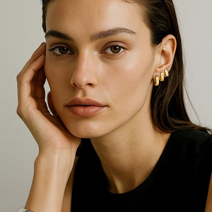 3Pairs Gold Hoop Earrings Set for Women, 14K Gold Plated Hypoallergenic Small Huggie Hoops Earrings for Women Trendy, Chunky Gold Earring Jewelry Gifts