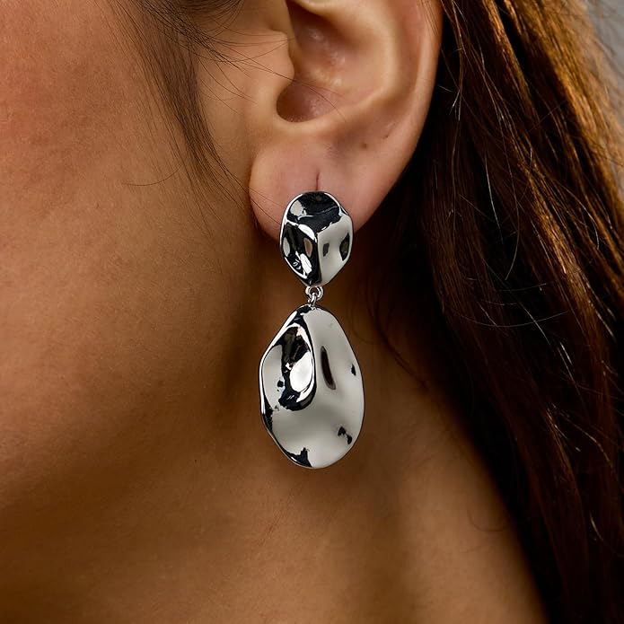 Hefanny Large Hammered Teardrop Dangle Earrings Geometric Chunky Flower Earrings Women's Trendy Statement Jewelry Multiple Styles