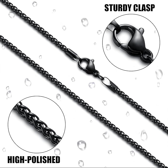 Fiusem Black Wheat Chains for Men and Women, 2/2.5/3/4/5mm Stainless Steel Necklace Chain, Mens Necklace Jewelry Gift 16-28 Inch