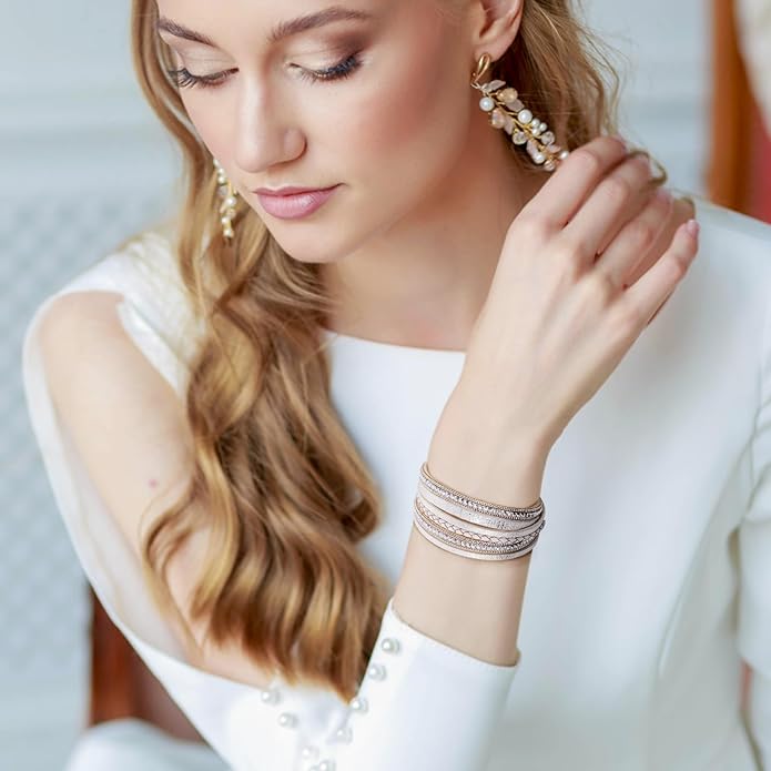 Fesciory Leather Wrap Bracelets for Women, Boho Leopard Multi-Layer Crystal Beads Cuff Bracelet Jewelry