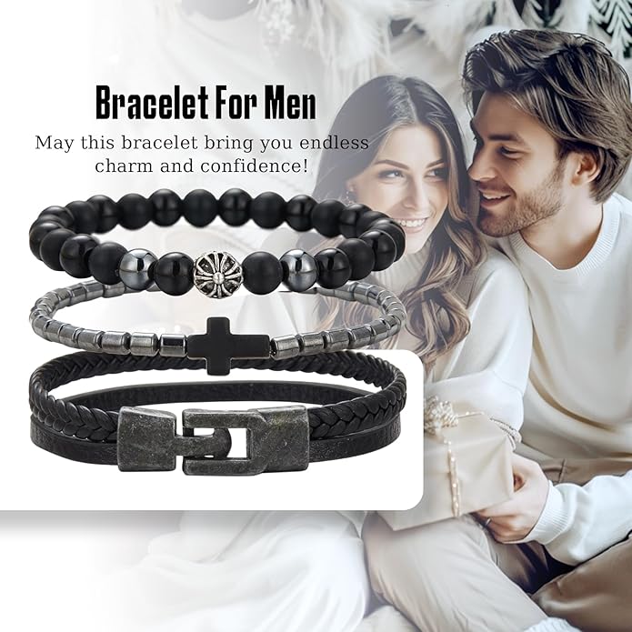 3pc Mens Beaded Bracelets Silver Stainless Steel Chain Bracelet for Men Handmade Braided Bracelet Sets Jewelry Gifts for Men