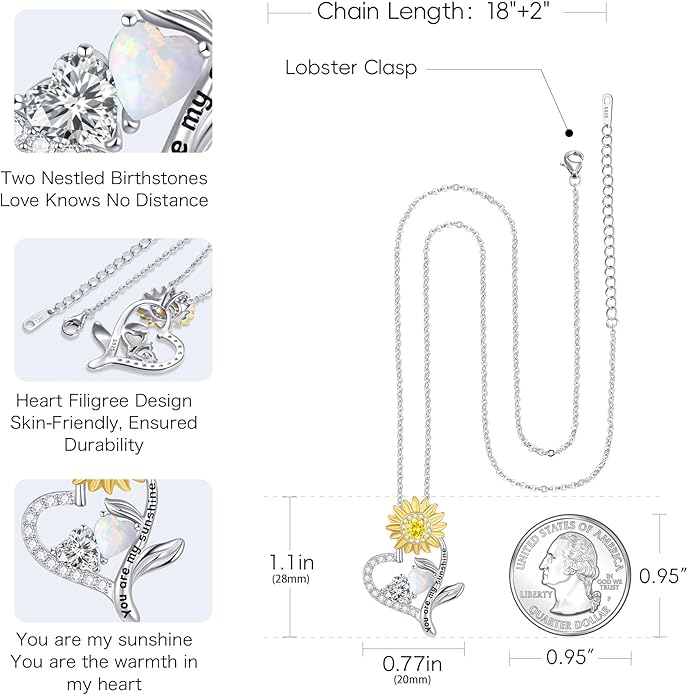 PERJI Valentine's Day Gifts for Women - 925 Sterling Silver Double Birthstone Sunflower Necklace, Anniversary Birthday Jewelry You are My Sunshine Gifts for Wife Couple Girlfriend 18"+2" Non Tarnish