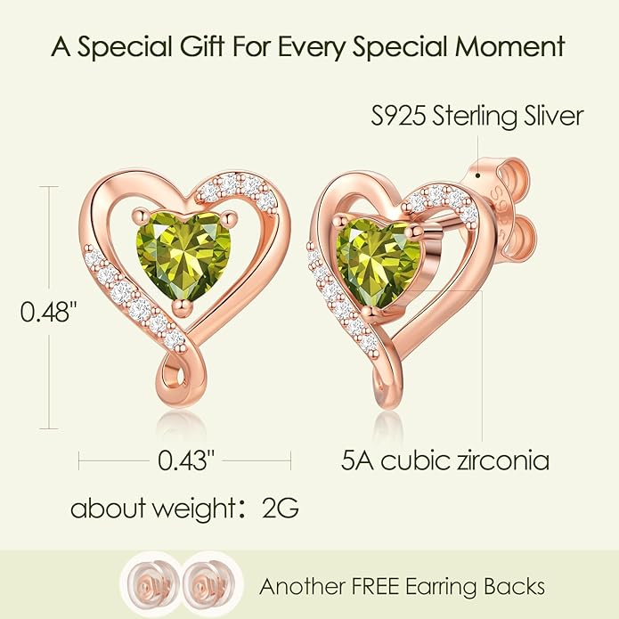 Earrings for Women, S925 Sterling Silver Rose Gold Birthstone Heart Studs Earring for Girlfriend Wife, Anniversary Birthday Christmas Valentines Mothers Day Gifts Jewelry for Women Wife Her Mom
