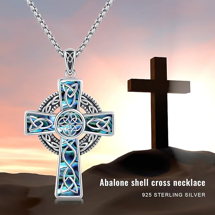 Midir&Etain Celtic Cross Necklace 925 Sterling Silver Cross Pendant Necklace Celtic Viking Irish Jewelry Religious Protective Gift for Men Women