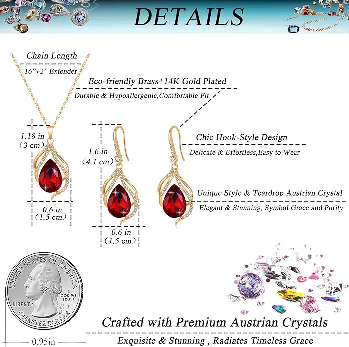 EVEVIC Austrian Crystals Teardrop Hollow Twisted Pendant Necklace Earrings for Women 14K Gold Plated Halo Drop Dangle Earrings Hypoallergenic Jewelry Set