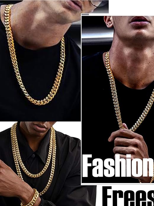 ChainsHouse Miami Cuban Link Chain Necklace for Men, 4.8mm/6mm/10mm/14mm Width, 14K Gold Plated/Stainless Steel/Black Mens Chunky Hip Hop Necklace Curb Chains, 14"-30" Length, Come Gift Box
