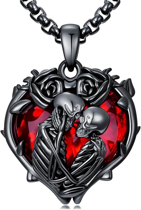 Flpruy 925 Sterling Silver Black Gothic Jewelry Gifts Skeleton Couple Pendant Crystal Birthstone Heart Necklace Punk Romantic Jewelry for Lover Men Women