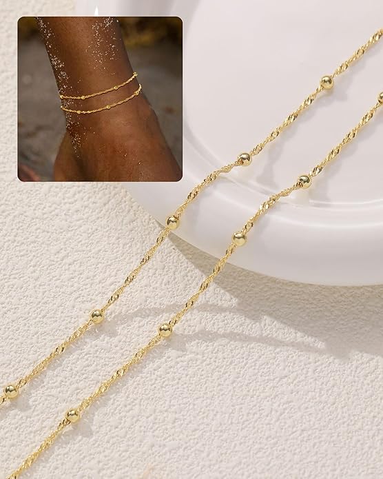 FUNEIA Gold Silver Ankle Bracelets for Women Waterproof 14K Gold Plated Anklets for Women Non Tarnish Dainty Layered Beaded Heart Anklet Set Summer Beach Foot Chain Jewelry Gifts Trendy Stuff