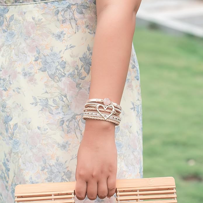 FANCY SHINY Heart Leather Wrap Bracelets Stackable Boho Cuff Bangles Trendy Resin Stone Rhinestone Bracelets with Magnetic Clasp for Women