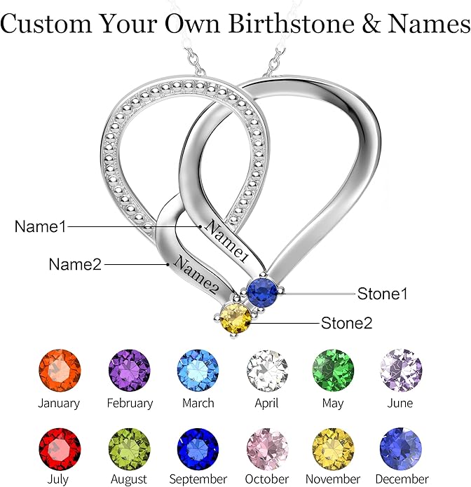 Easycosy Custom Name Necklace with Simulated Birthstones Customized Promise Necklace Heart Pendant with Engraved 2-6 Names - Anniversary Birthday Christmas Jewelry Gifts for Women Wife Mom Grandma