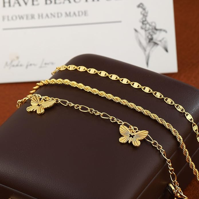 Gold Ankle Bracelets for women,14k Gold/Silver Plated Waterproof Layered lightweight Cuban Link Figaro Chain Heart anklet butterfly anklet Pearl Ankle Bracelets Set Gold Anklets for women Trendy Jewelry Gift for Women