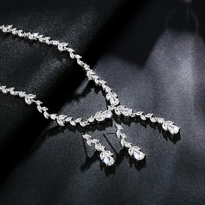 MEEDOZ Bridal Wedding Jewelry CZ Set Marquise Teardrop Cubic Zirconia Pendant Necklace and Dangle Earring Bracelet Sets for Women