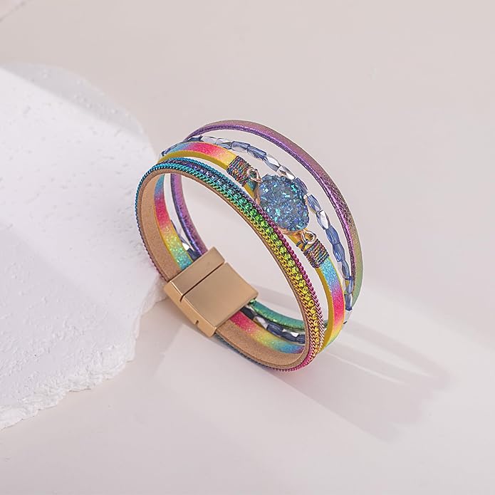 FANCY SHINY Leather Wrap Bracelet Boho Cuff Bangle Bracelets Crystal Bead Bracelet with Magnetic Clasp Jewelry Gifts for Women